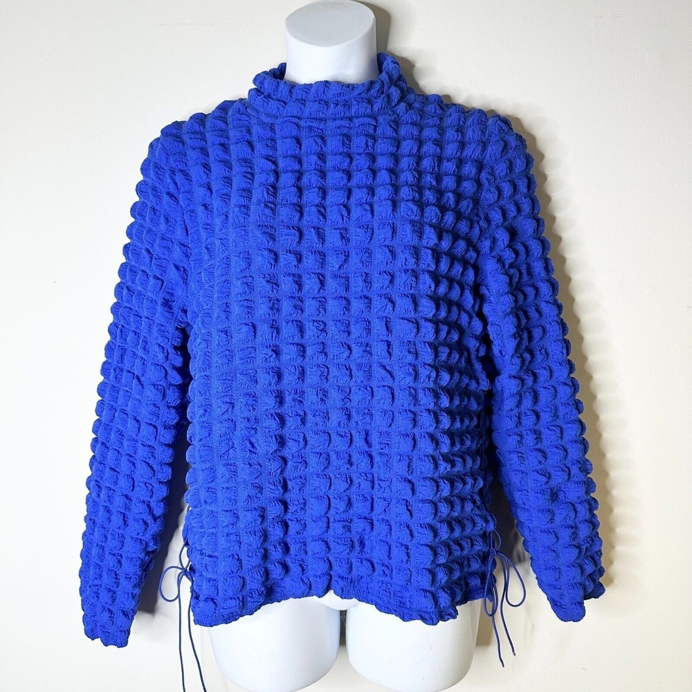 Jolie & Joy Top Women 2X Plus Royal Blue Popcorn Knit Bubble Lace Up Side NWOT
